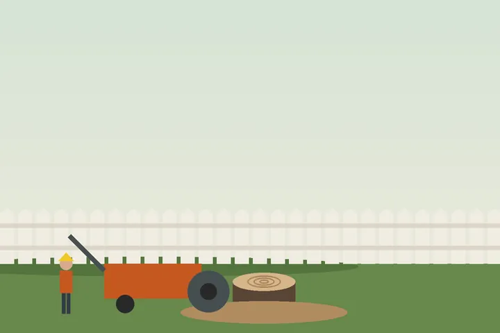 Illustration: stump grinder working in a backyard